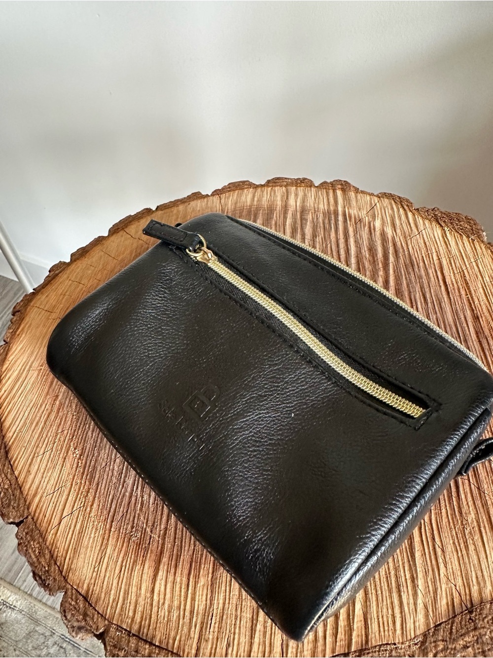 Embossed Black Faux Leather Cosmetic Pouch with Gold Zip